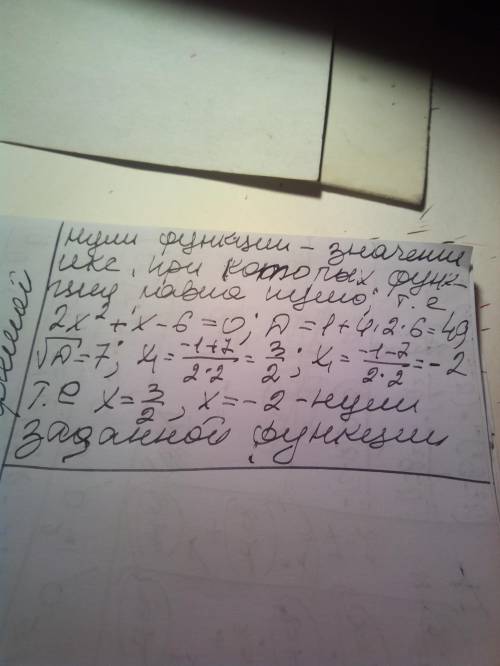 Укажите нули функции y=2x^2+x-6