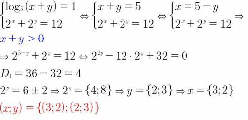 \left \{ {{log_{5} (x+y)=1} \atop {2^{x}+2^{y}=12 }} \right.