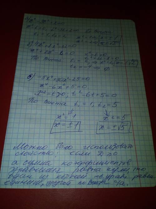 класс. а) x^4-3x^2+2=0 б) 4x^4+8x^2-32=0 в) -5x^4+30x^2-25=0 заранее : )