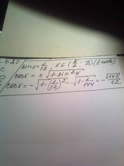 Найдите cos x, если sin x=1/12, x принадлежит (пи/2; пи)