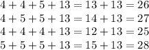 4+4+5+13=13+13=26\\4+5+5+13=14+13=27\\4+4+4+13=12+13=25\\5+5+5+13=15+13=28