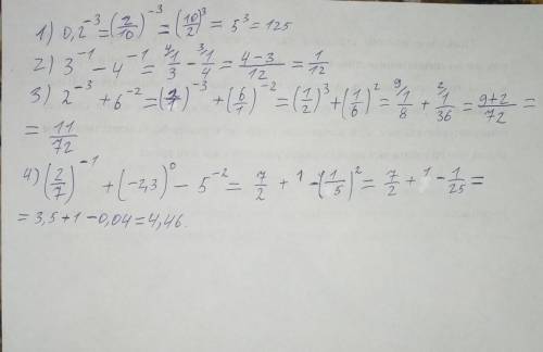 Обчисліть: 1) 0,2 в мінус 3 степені; 2) 3 в мінус 1 степені - 4 в мінус 1 степені; 3) 2 в мінус 3 ст