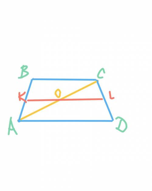 Основание трапеции abcd равны 10 и 12 см диагональ ac и средняя линия kl пересекаются в точке о найд