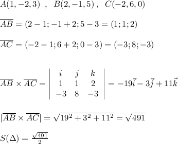 A(1,-2,3)\; \; ,\; \; B(2,-1,5)\; ,\; \; C(-2,6,0)\\\\\overline {AB}=(2-1;-1+2;5-3}=(1;1;2)\\\\\overline {AC}=(-2-1;6+2;0-3)=(-3;8;-3)\\\\\\\overline {AB}\times \overline {AC}=\left|\begin{array}{ccc}i&j&k\\1&1&2\\-3&8&-3\end{array}\right|=-19\vec{i}-3\vec{j}+11\vec{k}\\\\\\|\overline {AB}\times \overline {AC}|=\sqrt{19^2+3^2+11^2}=\sqrt{491}\\\\S(\Delta )=\frac{\sqrt{491}}{2}