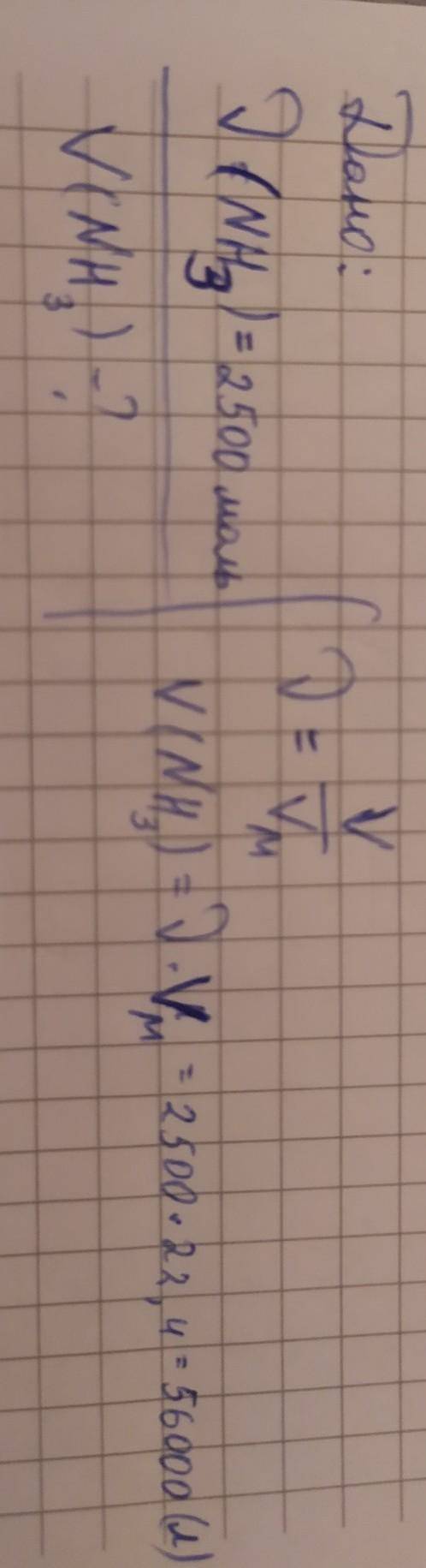 Який об'єм займе 2500 моль речовини амоніаку