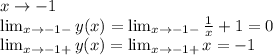 x \to -1\\\lim_{x \to -1-} y(x) = \lim_{x \to -1-} \frac{1}{x} + 1 = 0\\\lim_{x \to -1+} y(x) = \lim_{x \to -1+} x = -1