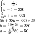 \begin{cases}a = \frac{5}{28}b\\a + b = 330\end{cases}\\\frac{5}{28}b + b = 330\\5b + 28b = 330 * 28\\b = \frac{330 * 28}{33} = 280\\a = \frac{5}{28}280 = 50