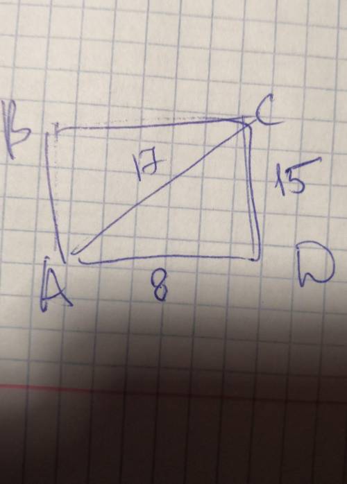 Найдите площадь прямоугольника, ac = 17 см, cd = 15 см (диагональ)