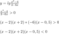 y=lg\frac{x^{2}-4 }{3-6x}\\\\\frac{x^{2}-4}{3-6x}0\\\\(x-2)(x+2)*(-6)(x-0,5)0\\\\(x-2)(x+2)(x-0,5)