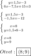 \left \{ {{y=1,5x-3} \atop {6x-7,5x+15=3}} \right.\\\\\left \{ {{y=1,5x-3} \atop {-1,5x=-12}} \right.\\\\\left \{ {{x=8} \atop {y=1,5*8-3}} \right.\\\\\left \{ {{x=8} \atop {y=9}} \right.\\\\Otvet:\boxed{(8;9)}