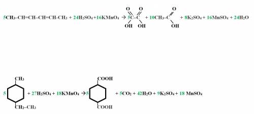 Составить уравнения реакций жесткого окисления гексадиена-2,4 и п-этилтолуола. расставить коэффициен