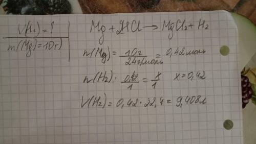 Какой объем водорода (h2) при н.у. выделится при растворении 10 г магния (mg) в избытке соляной кисл