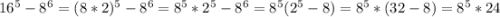 16^{5}-8^{6}=(8*2)^{5}-8^{6}=8^{5}*2^{5}-8^{6}=8^{5}(2^{5}-8)=8^{5}*(32-8)=8^{5}*24