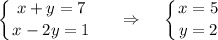 \displaystyle \left \{ {{x+y=7} \atop {x-2y=1}} \right.~~~~\Rightarrow~~~\left \{ {{x=5} \atop {y=2}} \right.