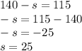 140 - s = 115 \\ - s = 115 - 140 \\ - s = - 25 \\ s = 25