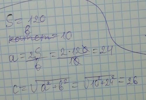 Площадь прямоугольного треугольника равна 120 см в квадрате а один из его катетов 10 см найдите длин