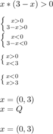 x * (3 - x) 0\\\\\left \{ {{x0} \atop {3-x0}} \right. \\\left \{ {{x