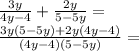 \frac{3y}{4y - 4} + \frac{2y}{5 - 5y} = \\ \frac{3y(5 - 5y) + 2y(4y - 4)}{(4y - 4)(5 - 5y)} =