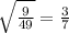 \sqrt{ \frac{9}{49} } = \frac{3}{7}