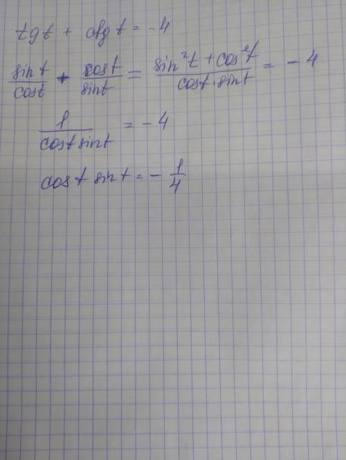 Известно, что tg t+ctg t= -4. найдите значение выражения sin t* cos t.