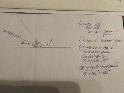 10.один из смежных углов пять раз больше другого. найдите углы, которые образует биссектриса меньшег