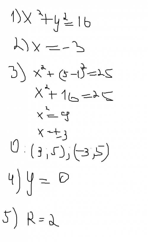 1. какой вид имеет уравнение окружности радиуса r с центром в точке o, если r = 4, o (0; 0)? 2. како
