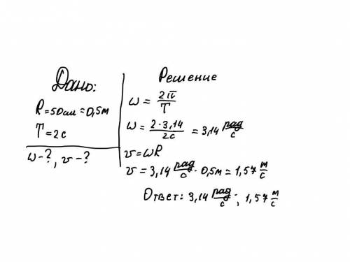 Найдите угловую и линейную скорости для шкива радиусом 50см, если период вращения его равен 2 с.​
