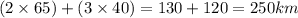 (2 \times 65) + (3 \times 40) = 130 + 120 = 250km