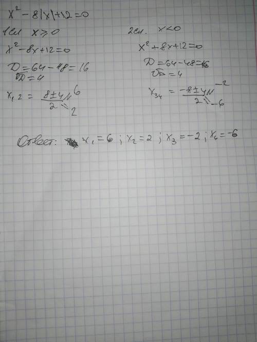 Решите x в квадрате -8|x|+12=0 дескриминантом
