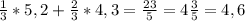 \frac{1}{3} *5,2+\frac{2}{3} *4,3=\frac{23}{5} =4\frac{3}{5}=4,6