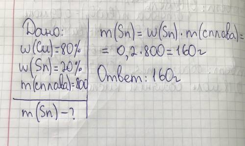 Сплав бронза содержит 80% меди и 20% олова сколько грамм олова содержит образец массой 800 грамм