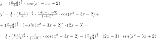 y=(\frac{x-3}{x+3})^{\frac{1}{9}}\cdot cos(x^2-3x+2)\\\\y'=\frac{1}{9}\cdot (\frac{x-3}{x+3})^{-\frac{8}{9}}\cdot \frac{x+3-(x-3)}{(x+3)^2}\cdot cos(x^2-3x+2)+\\\\+(\frac{x-3}{x+3})^{\frac{1}{9}}\cdot (-sin(x^2-3x+2))\cdot (2x-3)=\\\\=\frac{1}{9}\cdot (\frac{x+3}{x-3})^{\frac{8}{9}}\cdot \frac{6}{(x+3)^2}\cdot cos(x^2-3x+2)-(\frac{x-3}{x+3})^{\frac{1}{9}}\cdot (2x-3)\cdot sin(x^2-3x+2)