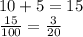 10 + 5 = 15 \\ \frac{15}{100} = \frac{3}{20}