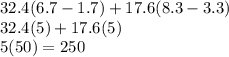 32.4(6.7 - 1.7) + 17.6(8.3 - 3.3) \\ 32.4(5) + 17.6(5) \\ 5(50) = 250