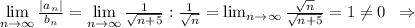 \lim\limits _{n\to \infty }\frac{|a_{n}|}{b_{n}}=\lim\limits_{n \to \infty}\frac{1}{\sqrt{n+5}}:\frac{1}{\sqrt{n}}=\lim\limiyts _{n \to \infty}\frac{\sqrt{n}}{\sqrt{n+5}} =1\ne 0\; \; \Rightarrow