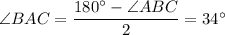 \angle BAC =\dfrac{180^\circ-\angle ABC}{2}=34^\circ