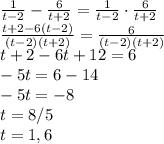 \frac{1}{t-2}-\frac{6}{t+2}=\frac{1}{t-2}\cdot\frac{6}{t+2}\\\frac{t+2-6(t-2)}{(t-2)(t+2)} =\frac{6}{(t-2)(t+2)} \\t+2-6t+12=6\\-5t=6-14\\-5t=-8\\t=8/5\\t=1,6