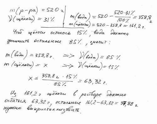 вычислите массу безводной щелочи которую необходимо выкристаллизовать из 520г 31% раствора щёлочи,чт