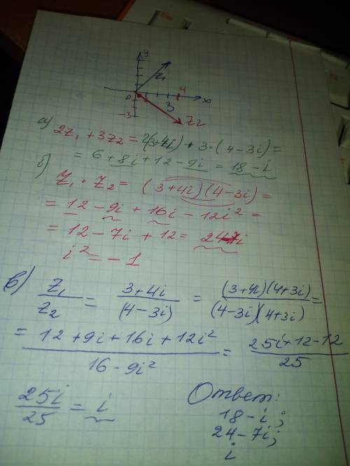 Даны числа z1 и z2 изобразите их на комплексной плоскости. найти 2z1 + 3z2 , z1 * z2 z1/z2