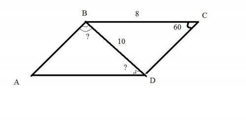 Впараллерограме abcd угол с=60°,вс=8 см,bd=10см.найдите с точностью до 1° угол abd и угол adb. .