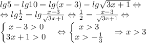 lg5-lg10=lg(x-3)-lg\sqrt{3x+1}\Leftrightarrow \\\Leftrightarrow lg\frac{1}{2}=lg\frac{x-3}{\sqrt{3x+1}}\Leftrightarrow \frac{1}{2}=\frac{x-3}{\sqrt{3x+1}}\Leftrightarrow \\\left\{\begin{matrix}x-30 & \\3x+10& \end{matrix}\right.\Leftrightarrow \left\{\begin{matrix}x3 & \\ x-\frac{1}{3} & \end{matrix}\right.\Rightarrow x3\\