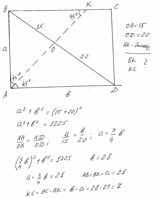 Решить ! в прямоугольнике биссектриса прямого угла делит диоганаль на отрезки 30см и 40см. вычислит