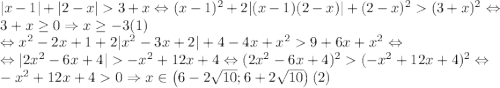 |x-1|+|2-x|3+x\Leftrightarrow (x-1)^2+2|(x-1)(2-x)|+(2-x)^2(3+x)^2\Leftrightarrow \\3+x\geq 0\Rightarrow x\geq -3(1)\\\Leftrightarrow x^2-2x+1+2|x^2-3x+2|+4-4x+x^29+6x+x^2\Leftrightarrow \\\Leftrightarrow |2x^2-6x+4|-x^2+12x+4\Leftrightarrow (2x^2-6x+4)^2(-x^2+12x+4)^2\Leftrightarrow \\-x^2+12x+40\Rightarrow x\in \left ( 6-2\sqrt{10};6+2\sqrt{10} \right )(2)