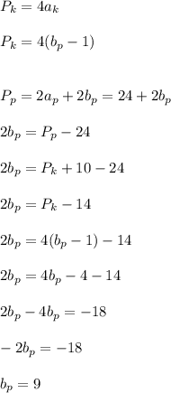 P_{k}=4a_{k}\\\\P_{k}=4(b_{p}-1)\\\\\\P_{p}=2a_{p}+2b_{p}=24+2b_{p}\\\\2b_{p}=P_{p}-24\\\\2b_{p}=P_{k}+10-24\\\\2b_{p}=P_{k}-14\\\\2b_{p}=4(b_{p}-1)-14\\\\2b_{p}=4b_{p}-4-14\\\\2b_{p}-4b_{p}=-18\\\\-2b_{p}=-18\\\\b_{p}=9