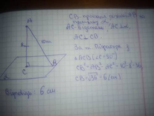 Точка a віддалена від площини а маленькая на 8 см із цієї точки до площини проведено похилу ab завдо