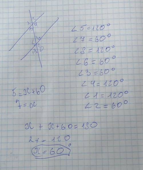 3.две параллельные прямые a и b пересекла секущая c. угол 5 больше угла 7 на 60 градусов.найдите все