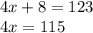 4x+8=123\\4x=115