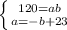 \left \{ {{120=ab} \atop {a=-b+23}} \right.