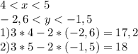 4 < x < 5\\-2,6 < y < -1,5\\1) 3*4-2*(-2,6)=17,2\\2) 3*5-2*(-1,5)=18\\