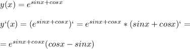 y(x)=e^{sinx+cosx}\\\\y`(x)=(e^{sinx+cosx})`=e^{sinx+cosx}*(sinx+cosx)`=\\\\=e^{sinx+cosx}(cosx-sinx)